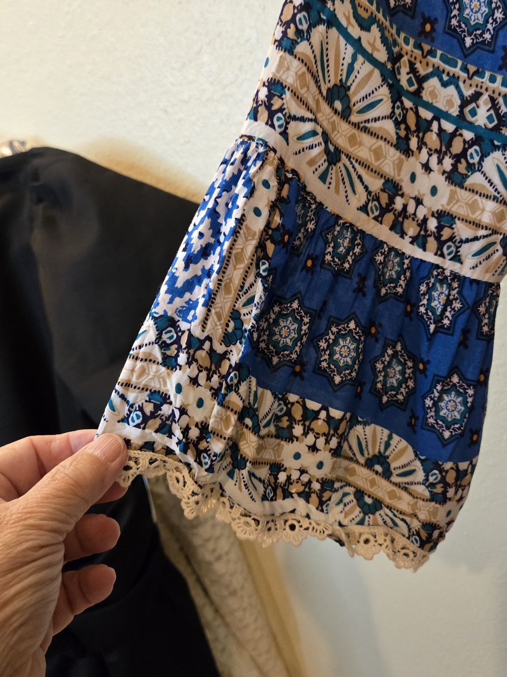 Umgee Mixed Print Blue Peasant Bohemian Tunic Dress with Crisscross Back Size S - Picture 8 of 14